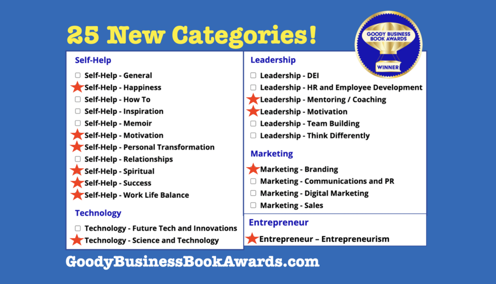 Goody Business Book Awards expands with 25 new book award categories for 2023 for authors making a difference with words.